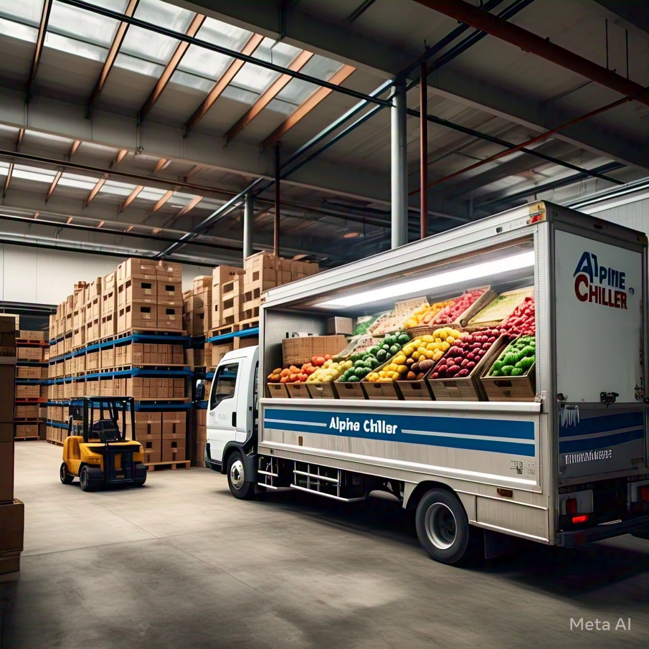 a chiller truck with fruit in the back